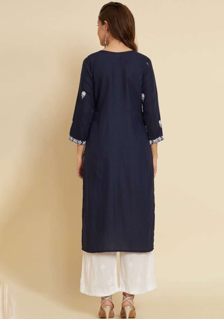 Navy Blue Chikankari Cotton Straight Kurta - Indya