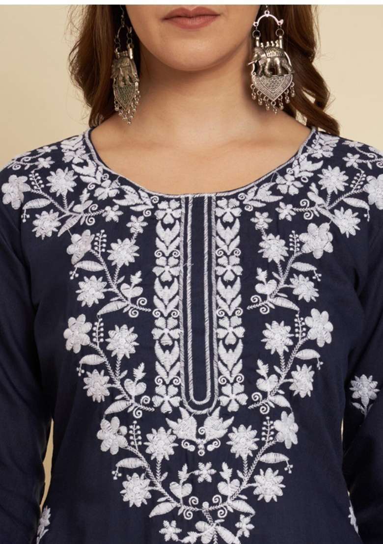 Navy Blue Chikankari Cotton Straight Kurta - Indya