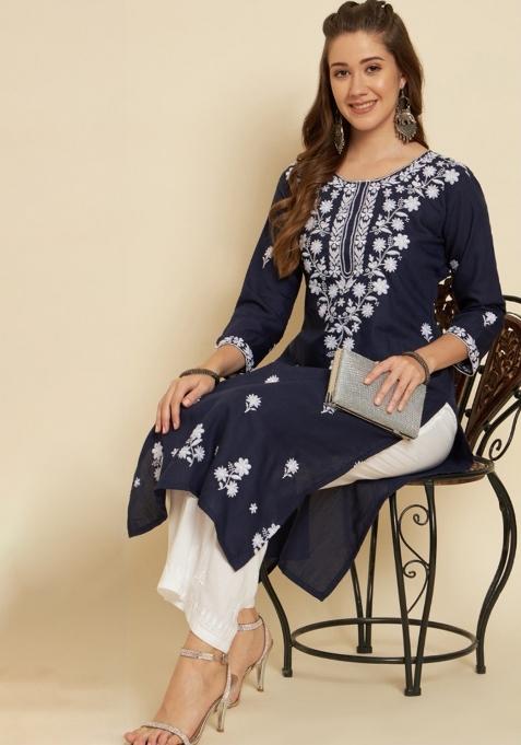 Navy Blue Embroidery Soft Slub Cotton Kurti