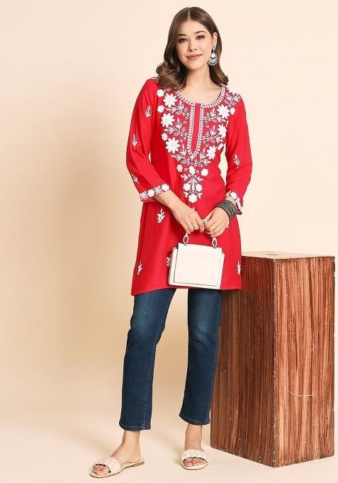 Pink Lucknowi Chickenkari Work Rayon Kurti