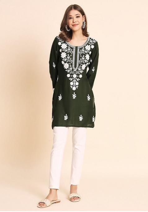 Mahendi Lucknowi Chickenkari Work Rayon Kurti
