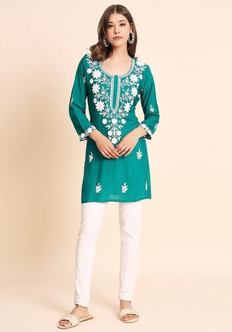 See Green Lucknowi Chickenkari Work Rayon Kurti