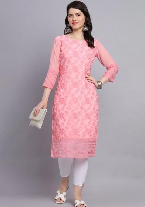 Peach Lucknowi Chickenkari Work Soft Georgette Kurti