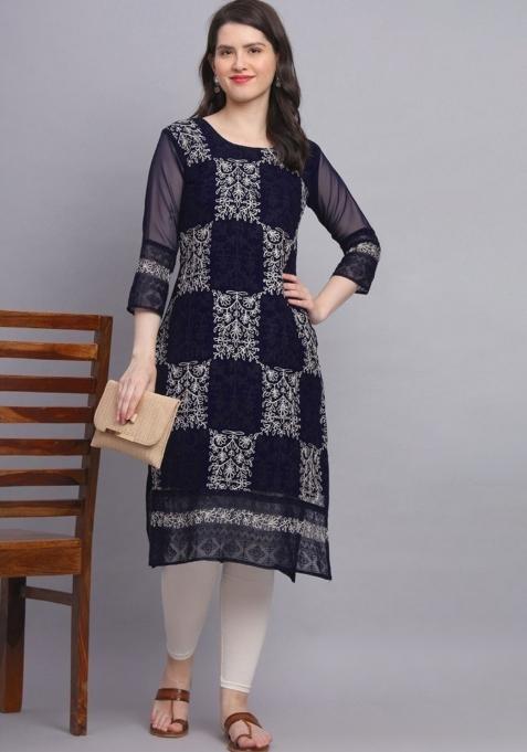 Navy Blue Lucknowi Chickenkari Work Soft Georgette Kurti