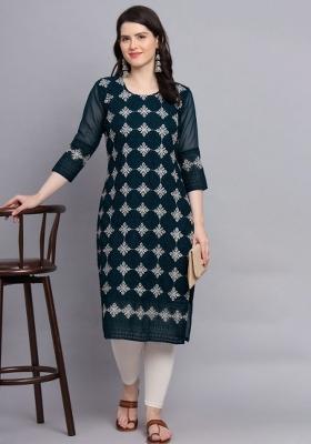 Teal Blue Lucknowi Chickenkari Work Soft Georgette Kurti