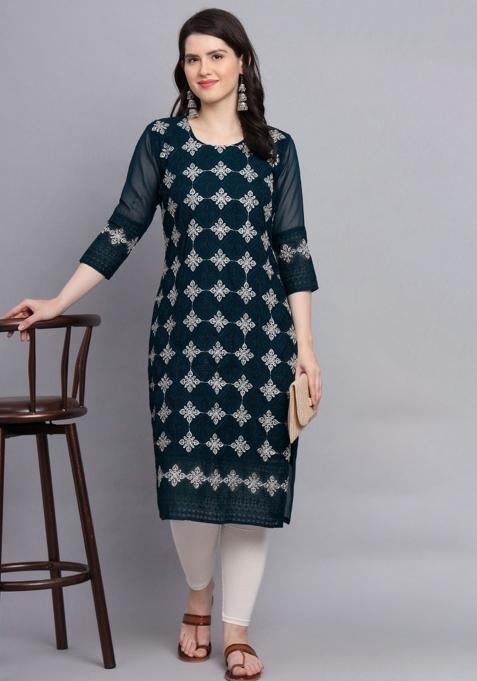 Teal Blue Lucknowi Chickenkari Work Soft Georgette Kurti