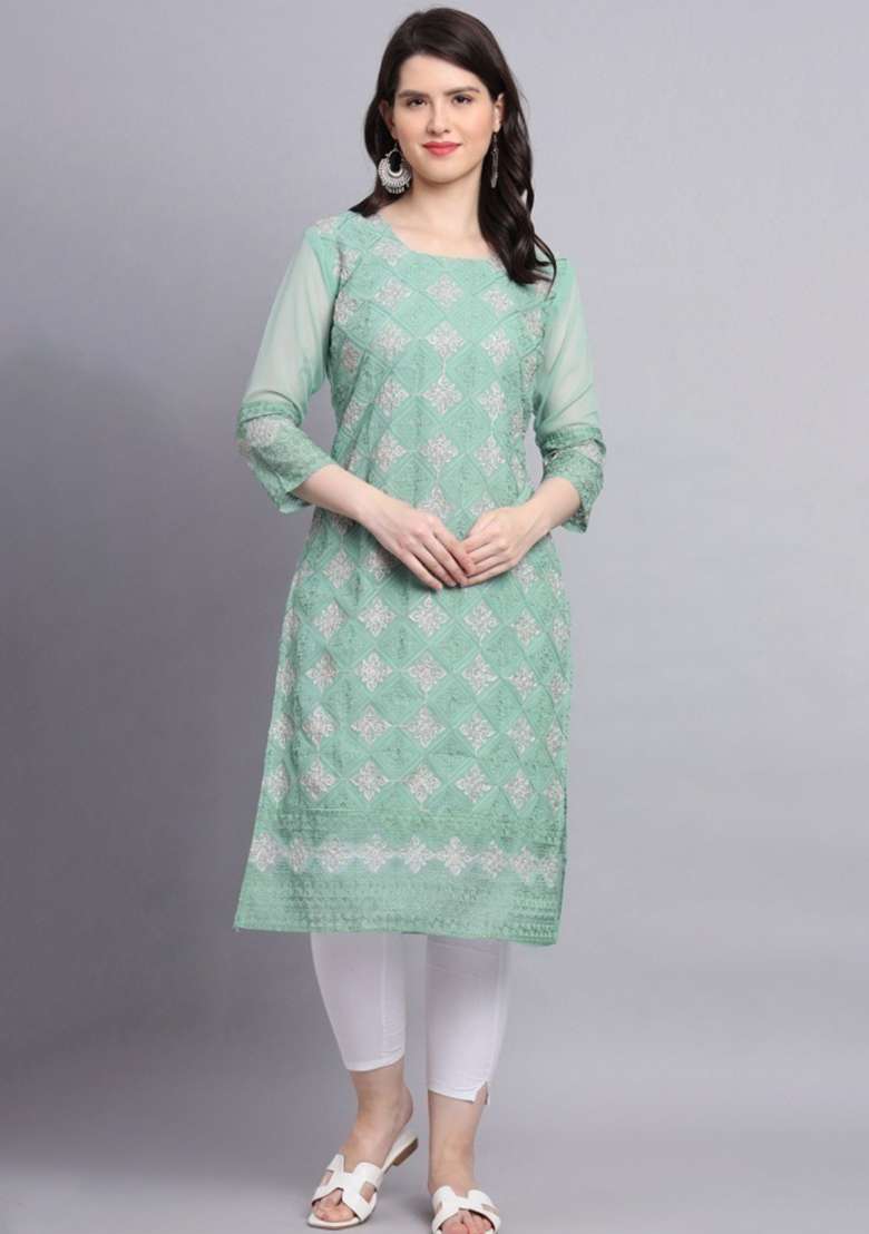 Green Chikankari Georgette Kurta - Indya