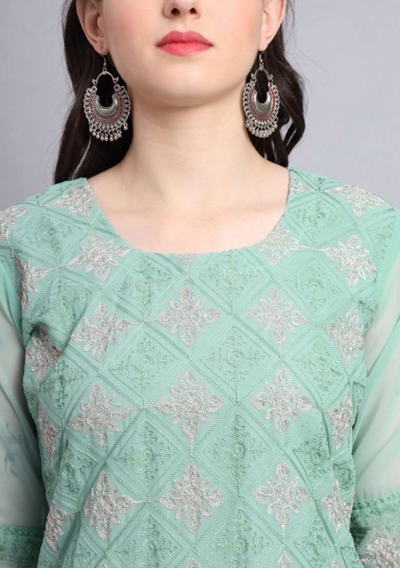 Green Chikankari Georgette Kurta - Indya
