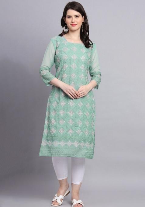 Green Lucknowi Chickenkari Work Soft Georgette Kurti