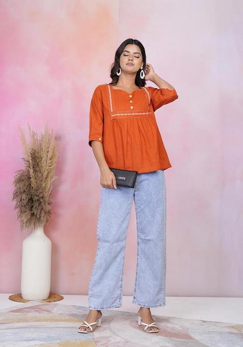 Rust Orange Embroidery Soft Cotton Top