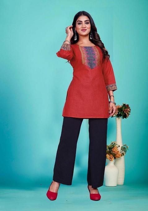 Red Jacquard Less Cotton Blend Top