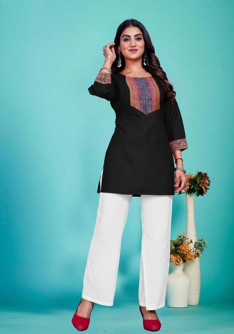 Black Jacquard Less Cotton Blend Top