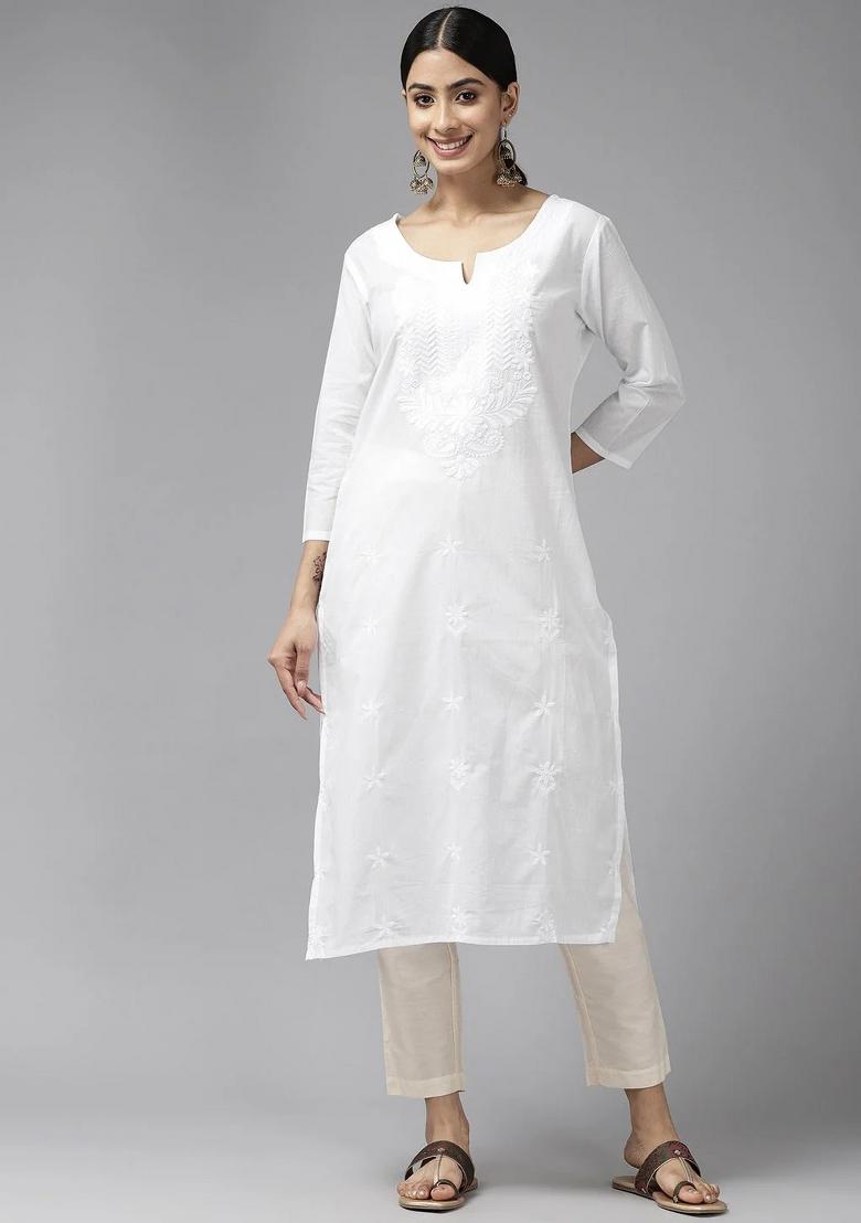 White Embroidered Cotton Kurtas - Indya