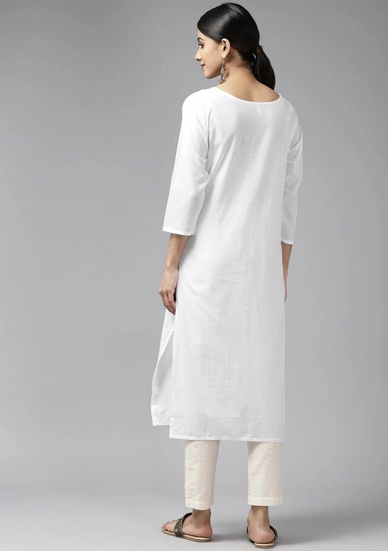 White Embroidered Cotton Kurtas - Indya
