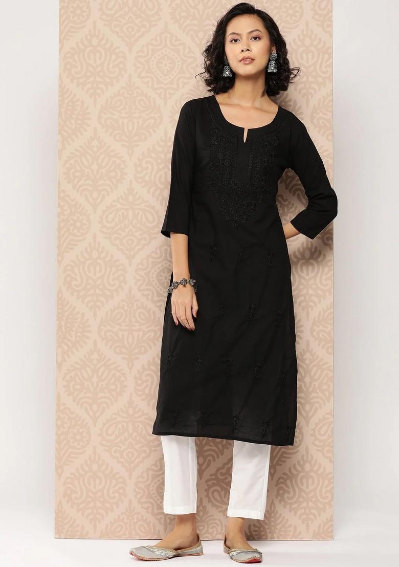 Black Embroidered Cotton Kurtas - Indya