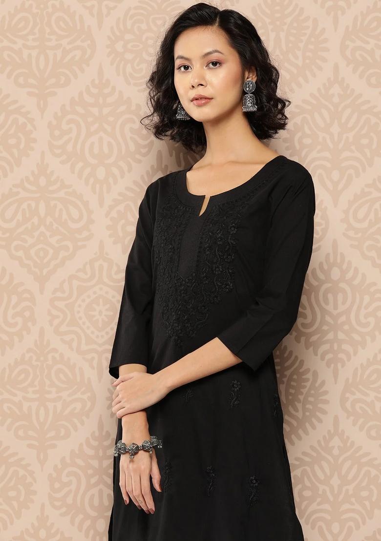Black Embroidered Cotton Kurtas - Indya