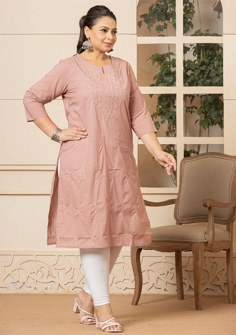 Mauve Floral Print Cotton Kurtas - Indya