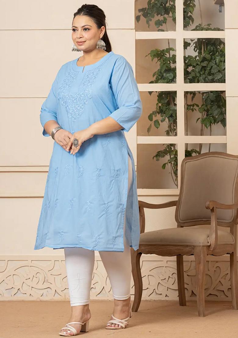 Sky Blue Motif Cotton Kurtas - Indya