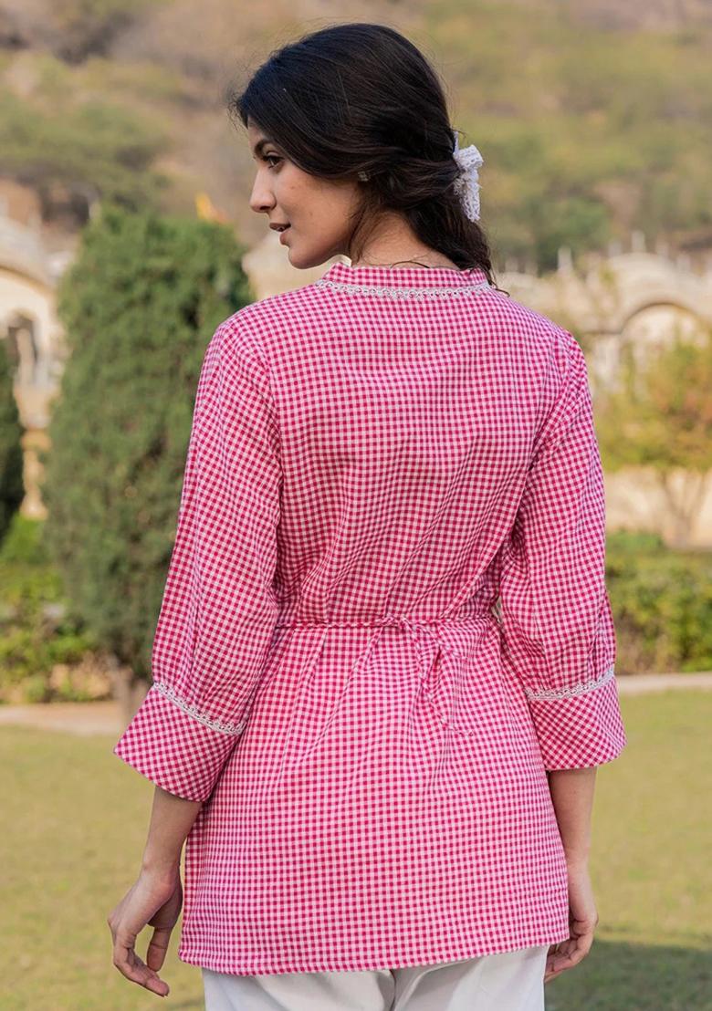 Pink Embroidered Cotton Kurti - Indya