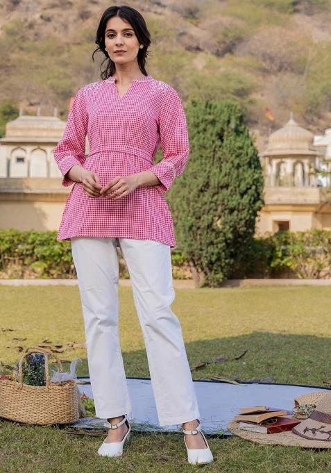 Pink Embroidered Cotton Kurti