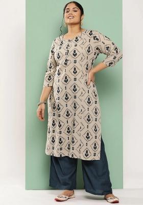 Beige Printed Cotton Straight Kurta
