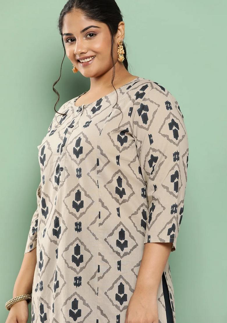 Beige Printed Cotton Kurtas - Indya