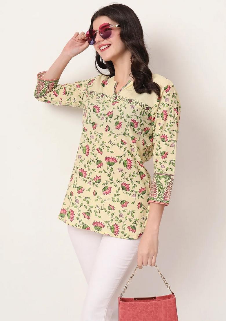 Yellow Motif Cotton Kurti - Indya