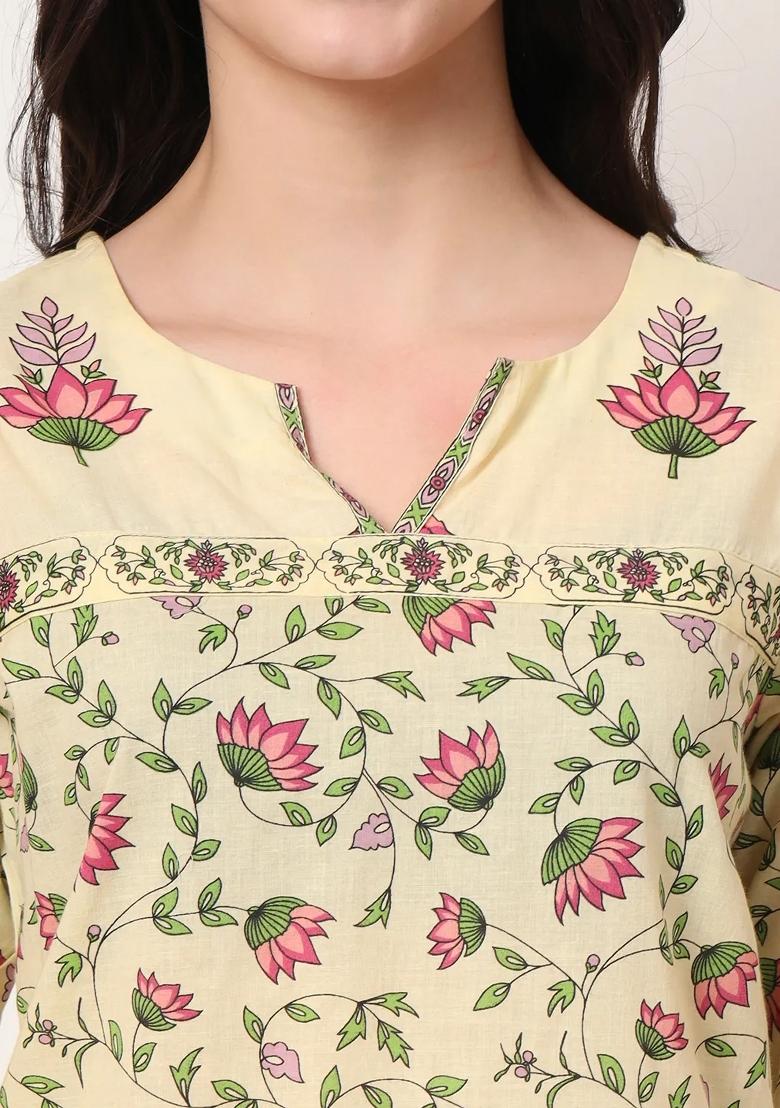 Yellow Motif Cotton Kurti - Indya