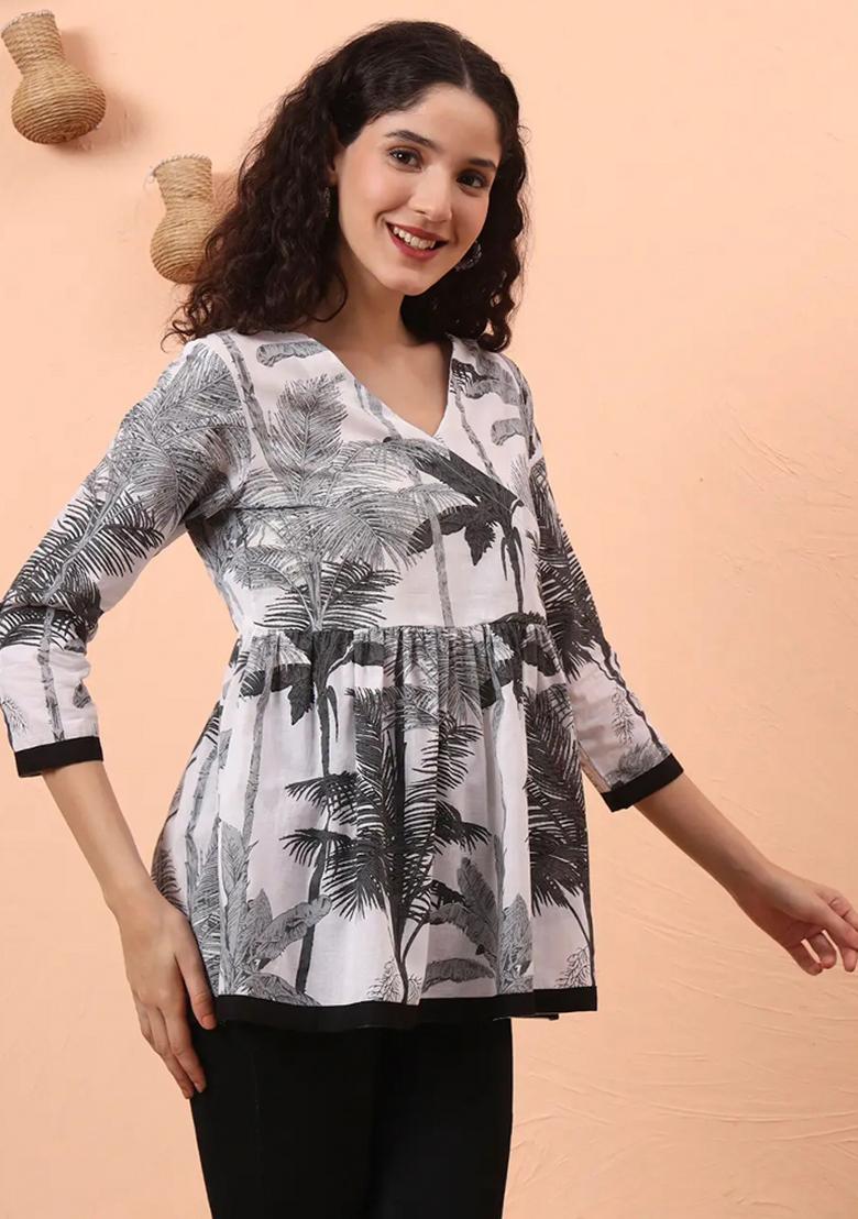 Black Motif Cotton Kurti - Indya