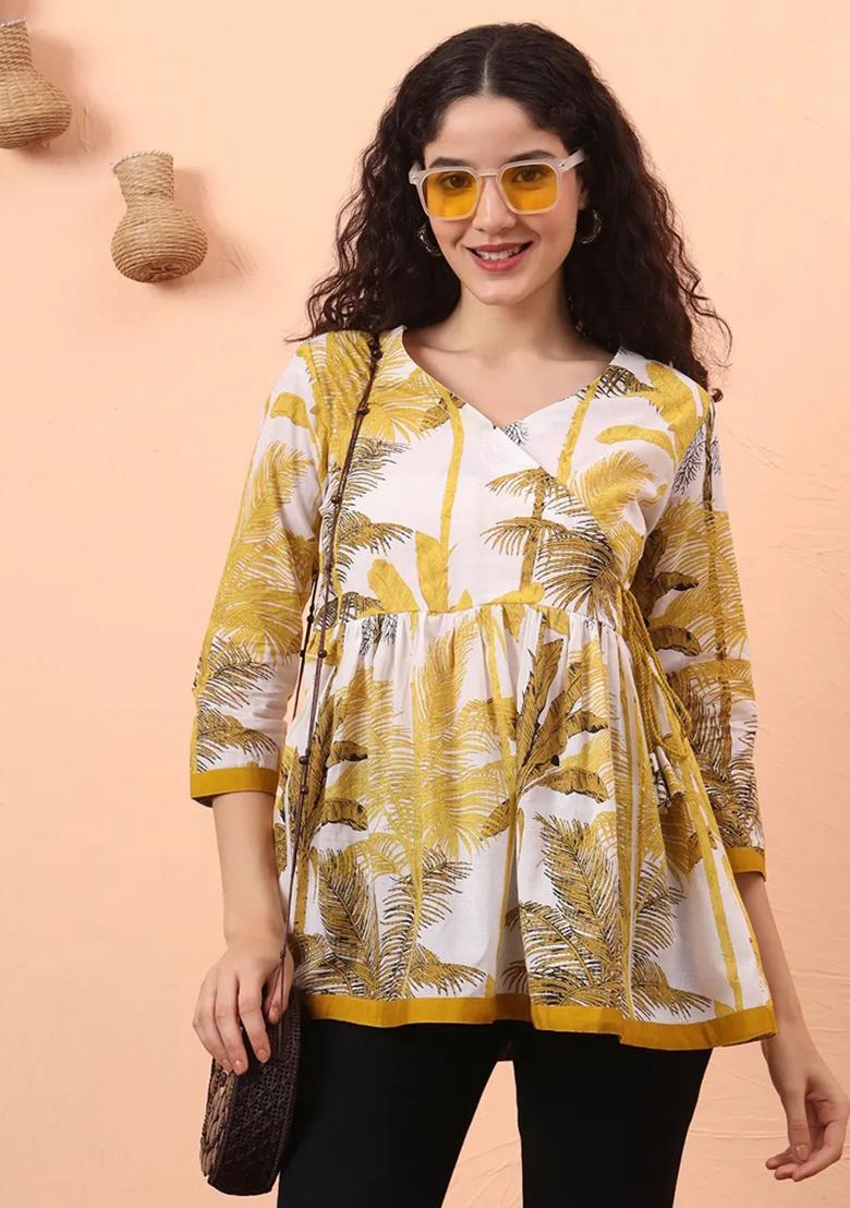 Mustard Motif Cotton Kurti - Indya