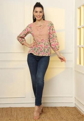 Yellow Floral Print Cotton Kurti