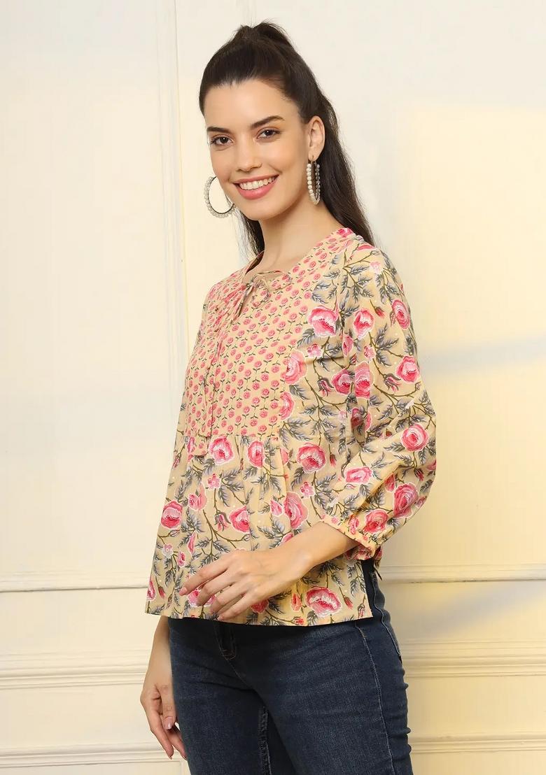 Yellow Floral Print Cotton Kurti - Indya