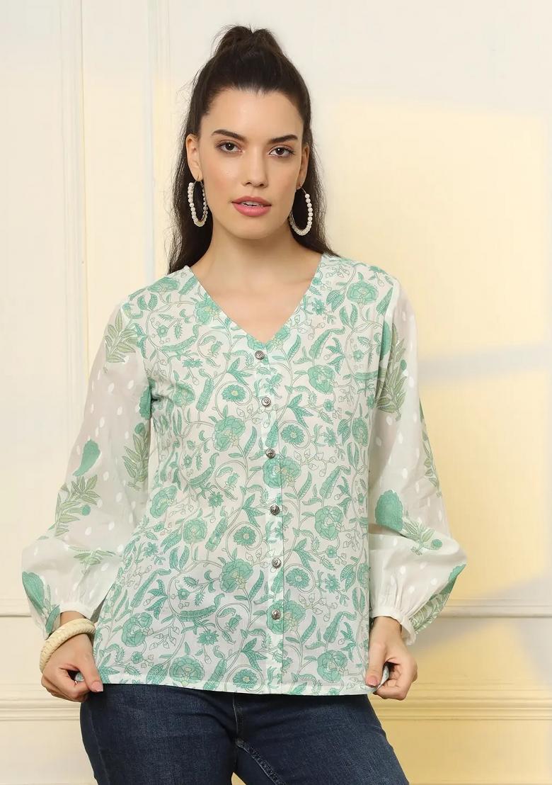 White Printed Cotton Kurti - Indya