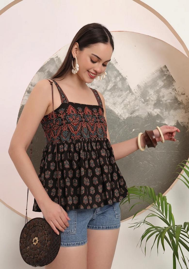 Black Motif Cotton Kurti - Indya