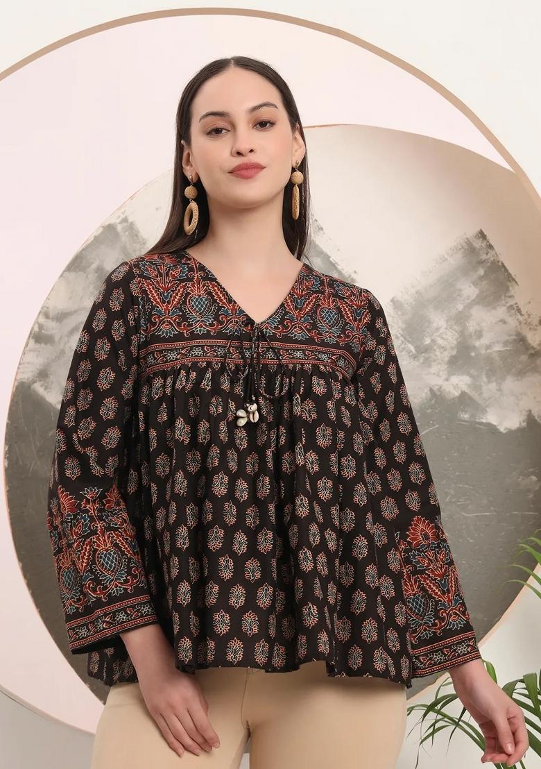 Black Motif Cotton Kurti - Indya