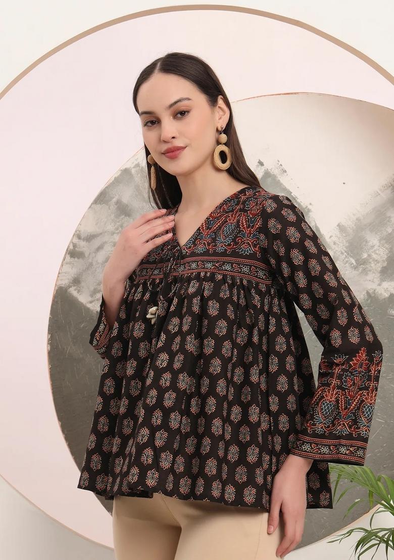 Black Motif Cotton Kurti - Indya