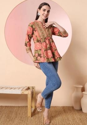Peach Motif Cotton Kurti