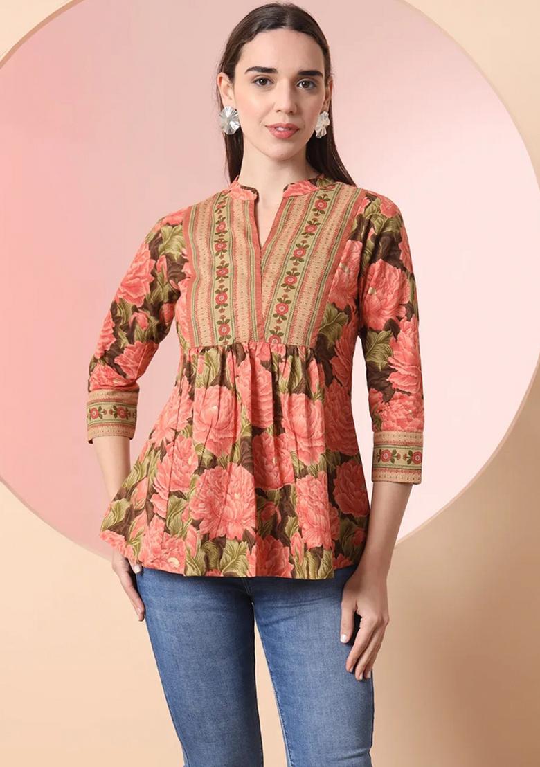 Peach Motif Cotton Kurti - Indya