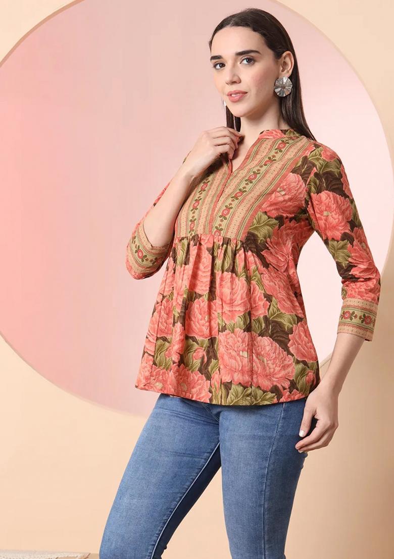 Peach Motif Cotton Kurti - Indya