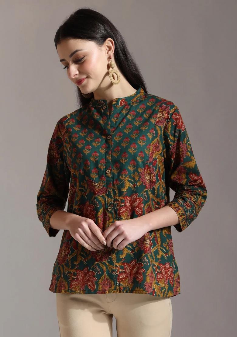 Green Motif Cotton Kurti - Indya