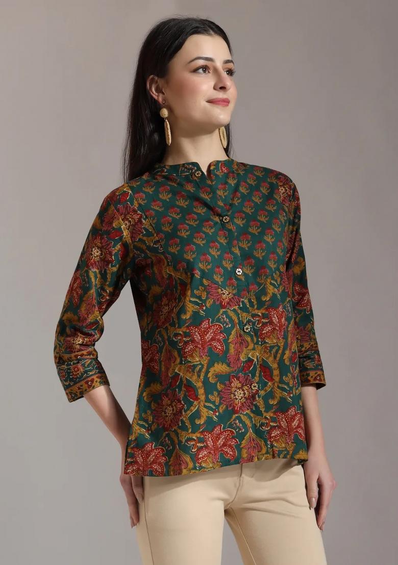 Green Motif Cotton Kurti - Indya