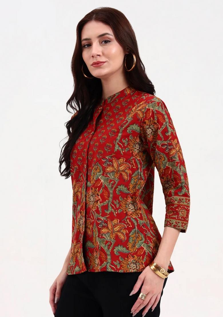 Red Motif Cotton Kurti - Indya
