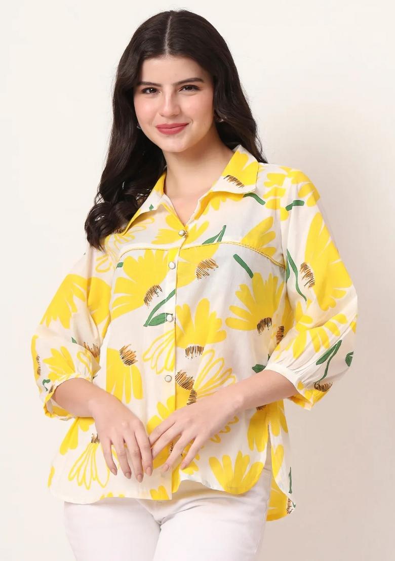 Yellow Motif Cotton Kurti - Indya