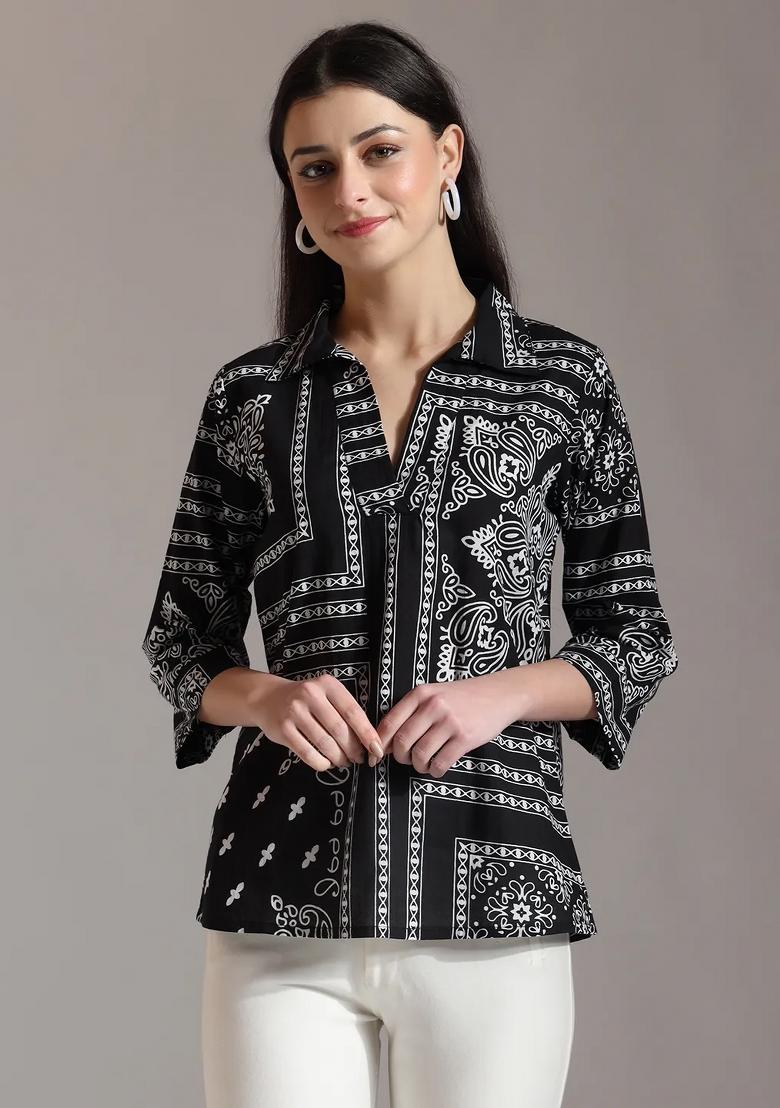 Black Printed Cotton Kurti - Indya