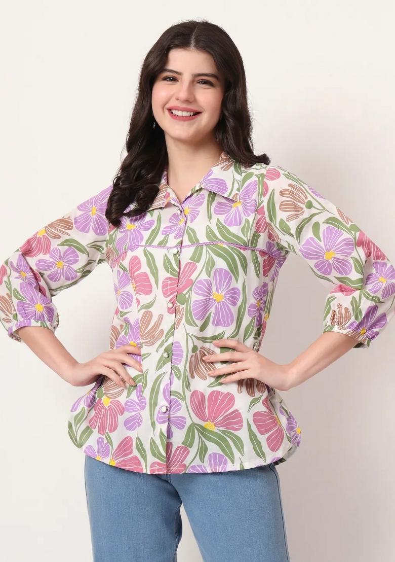 White Motif Cotton Kurti - Indya