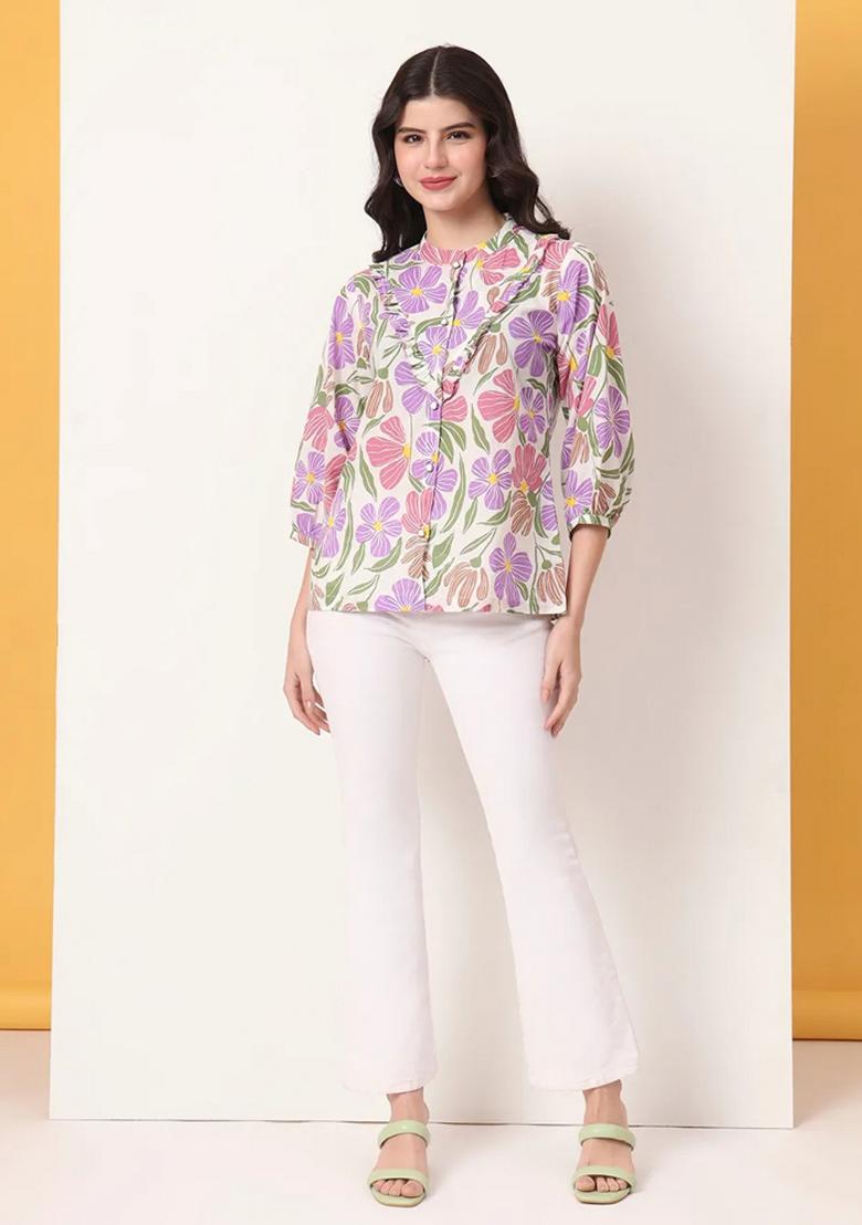 White Motif Cotton Kurti - Indya