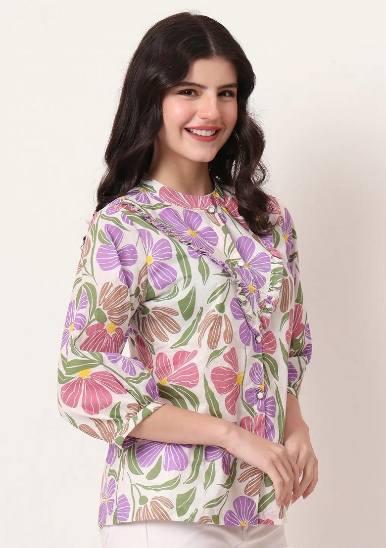 White Motif Cotton Kurti - Indya