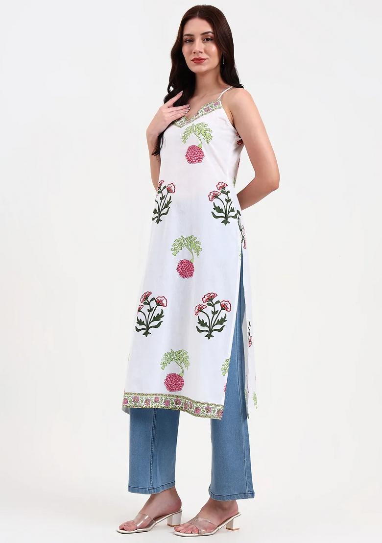 White Printed Cotton Kurtas - Indya