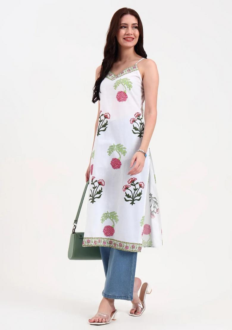 White Printed Cotton Kurtas - Indya