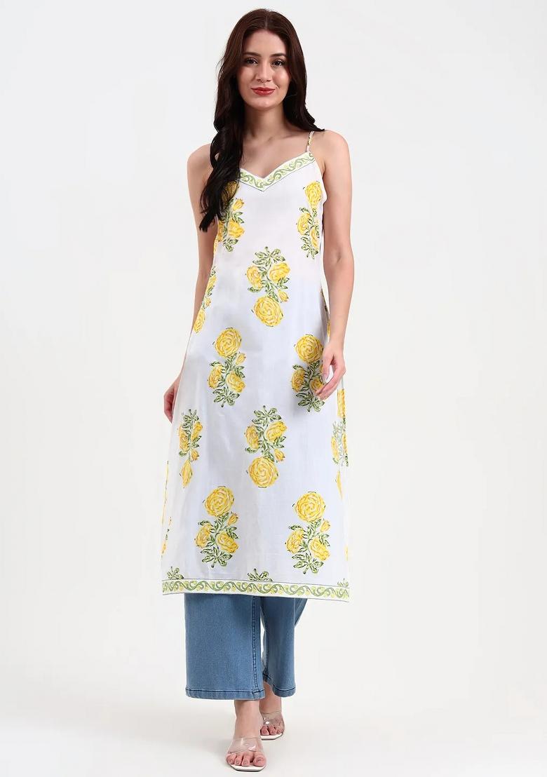 White Printed Cotton Kurtas - Indya